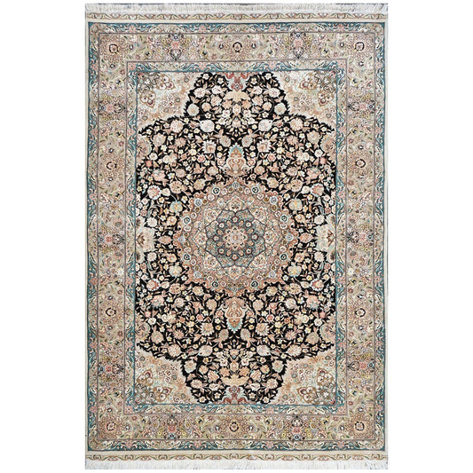 Vintage Persian Tabriz Wool & Silk 5x8 Blue, Black, & Ivory Handmade Area Rug #1143809 image 0