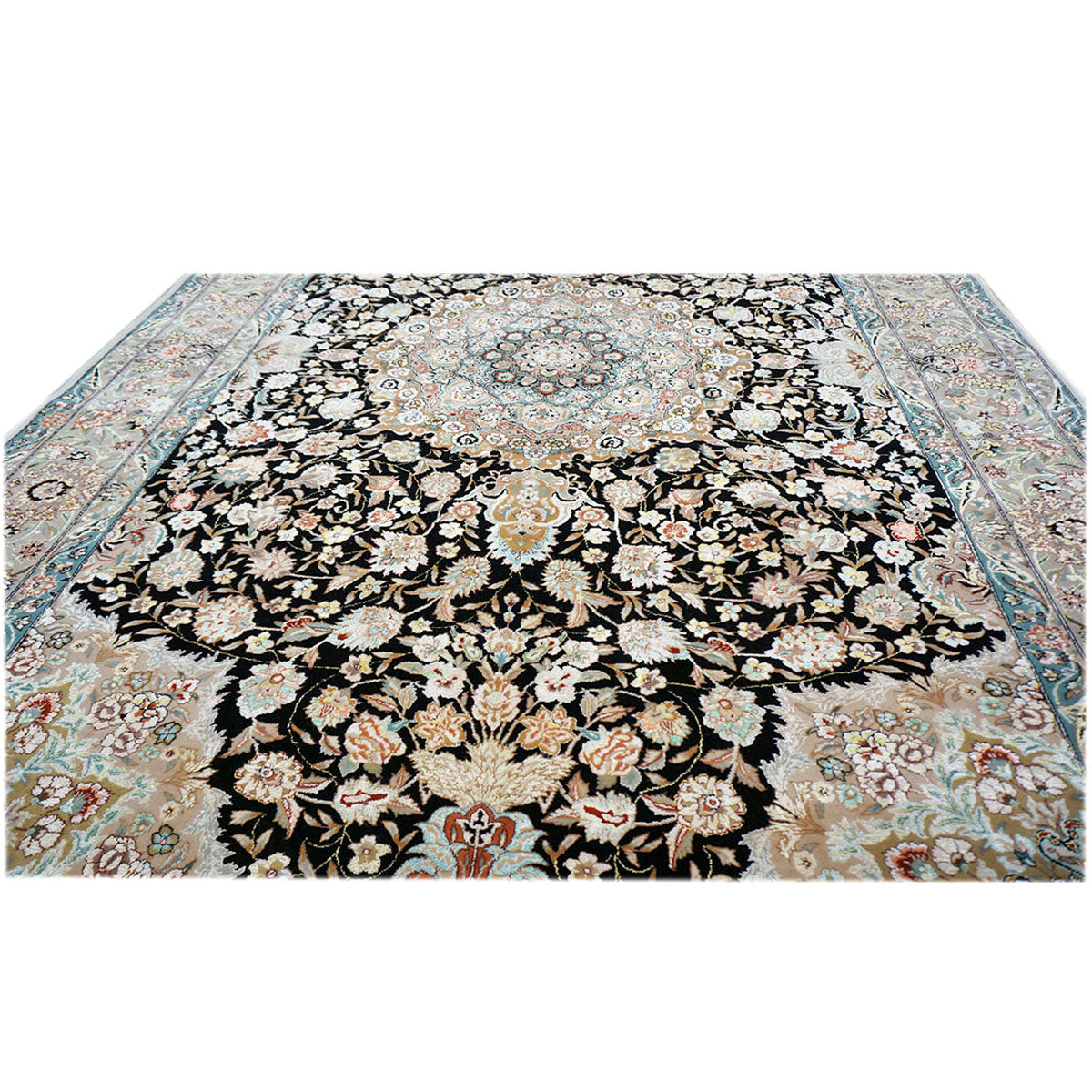Vintage Persian Tabriz Wool & Silk 5x8 Blue, Black, & Ivory Handmade Area Rug #1143809 image 4