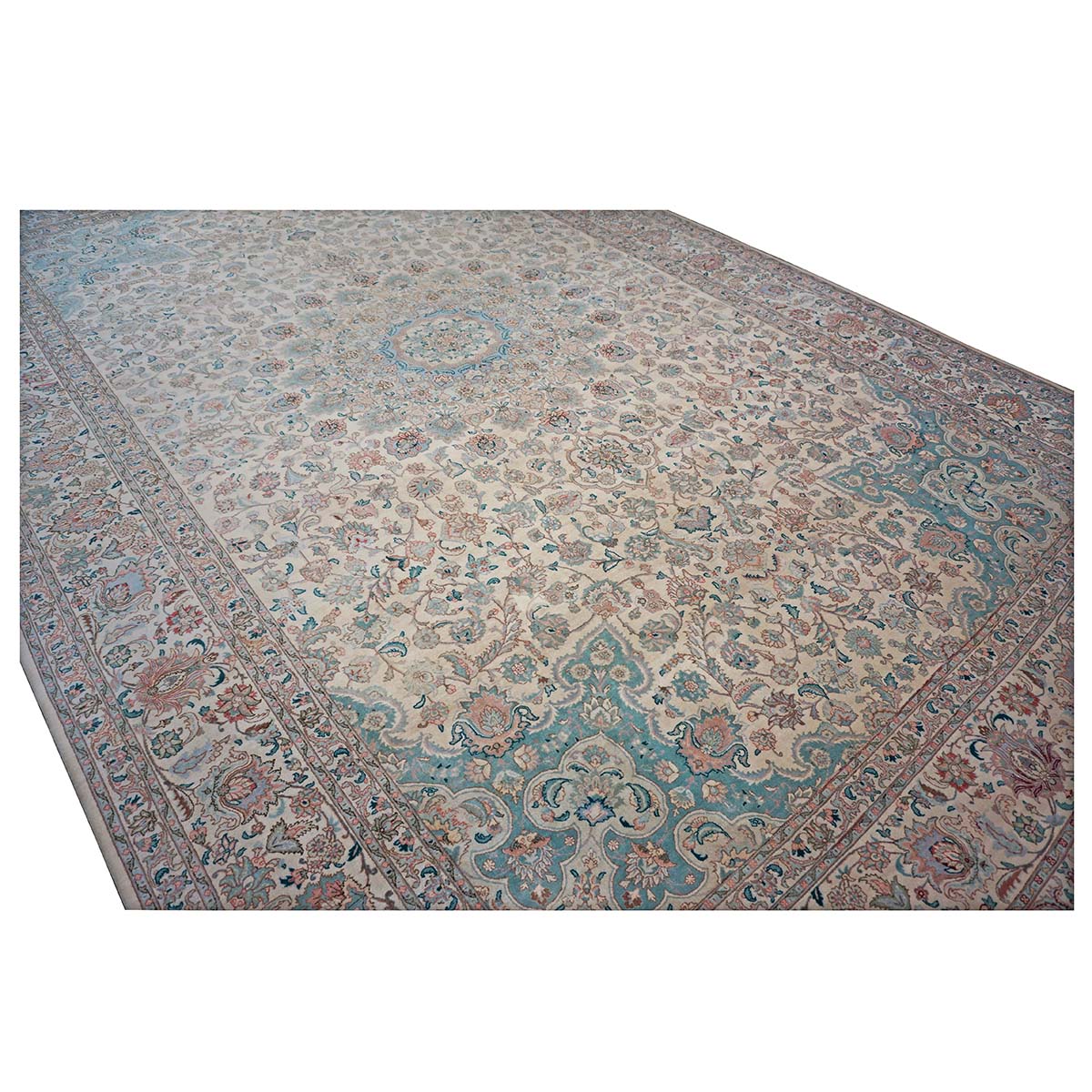 Antique 1940s Persian Tabriz Pahlavi 11x18 Ivory & Blue Handmade Area Rug #9902227 image 6