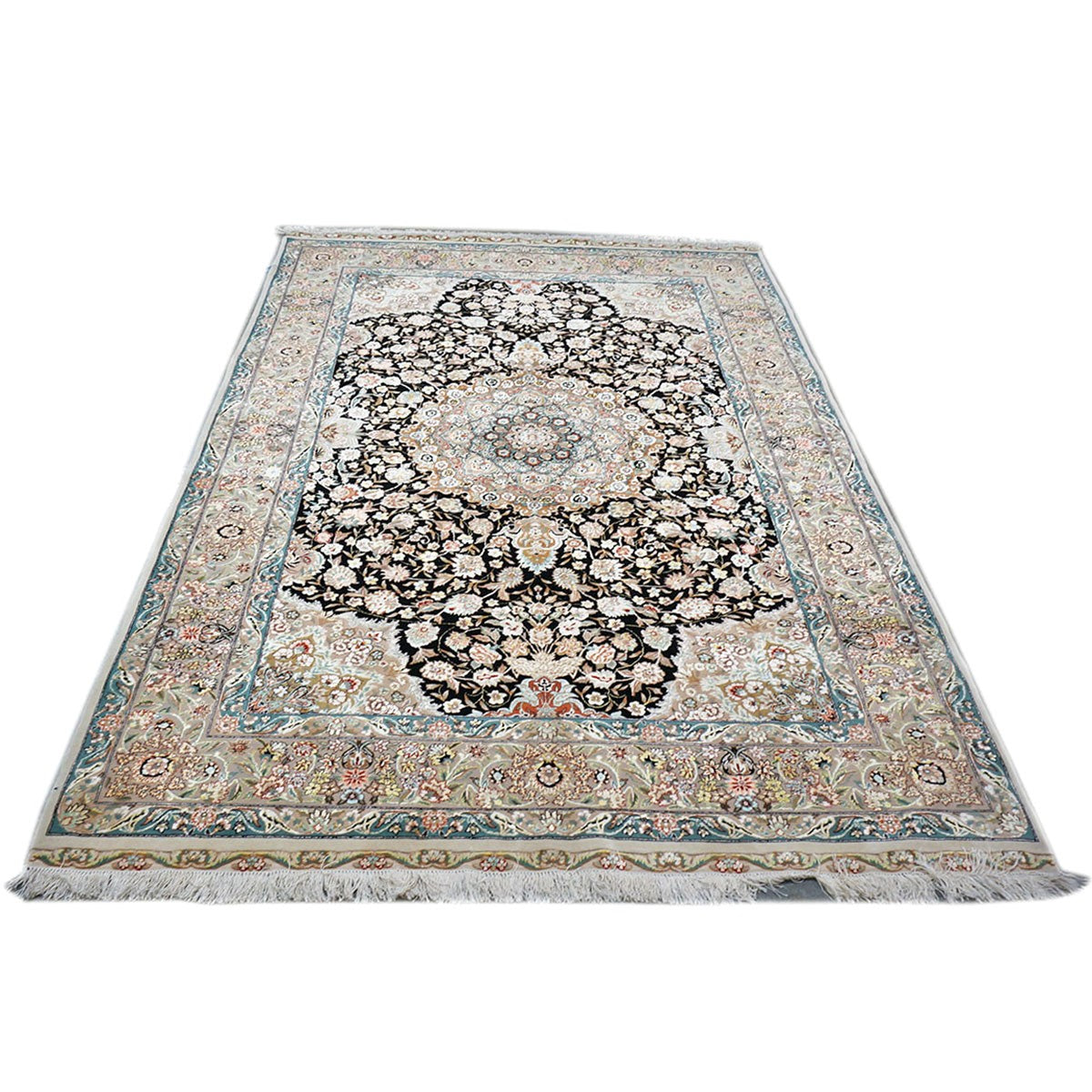 Vintage Persian Tabriz Wool & Silk 5x8 Blue, Black, & Ivory Handmade Area Rug #1143809 image 1
