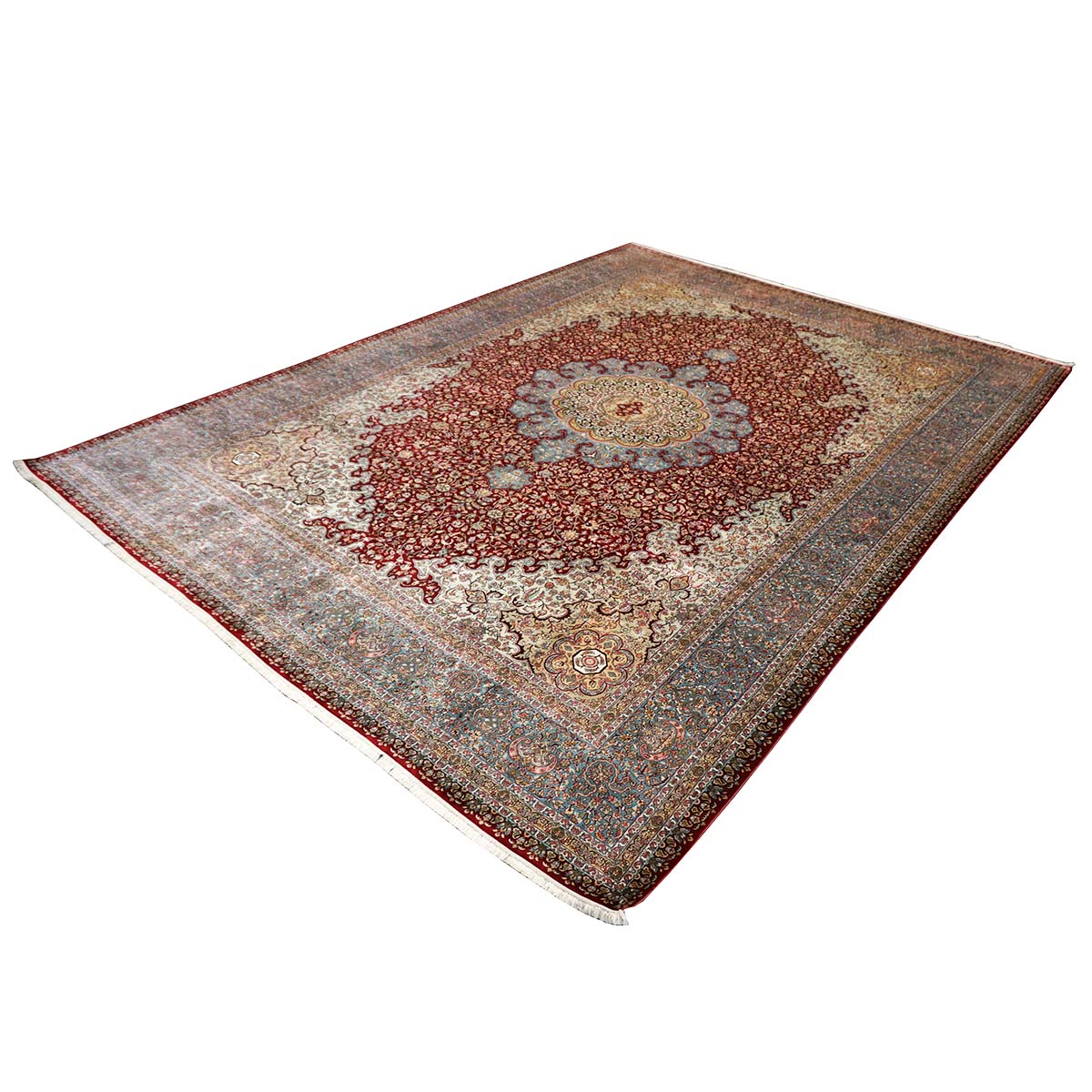 Vintage Kashmiri All Silk Red 9x12 Handmade Area Rug #1144057 image 1