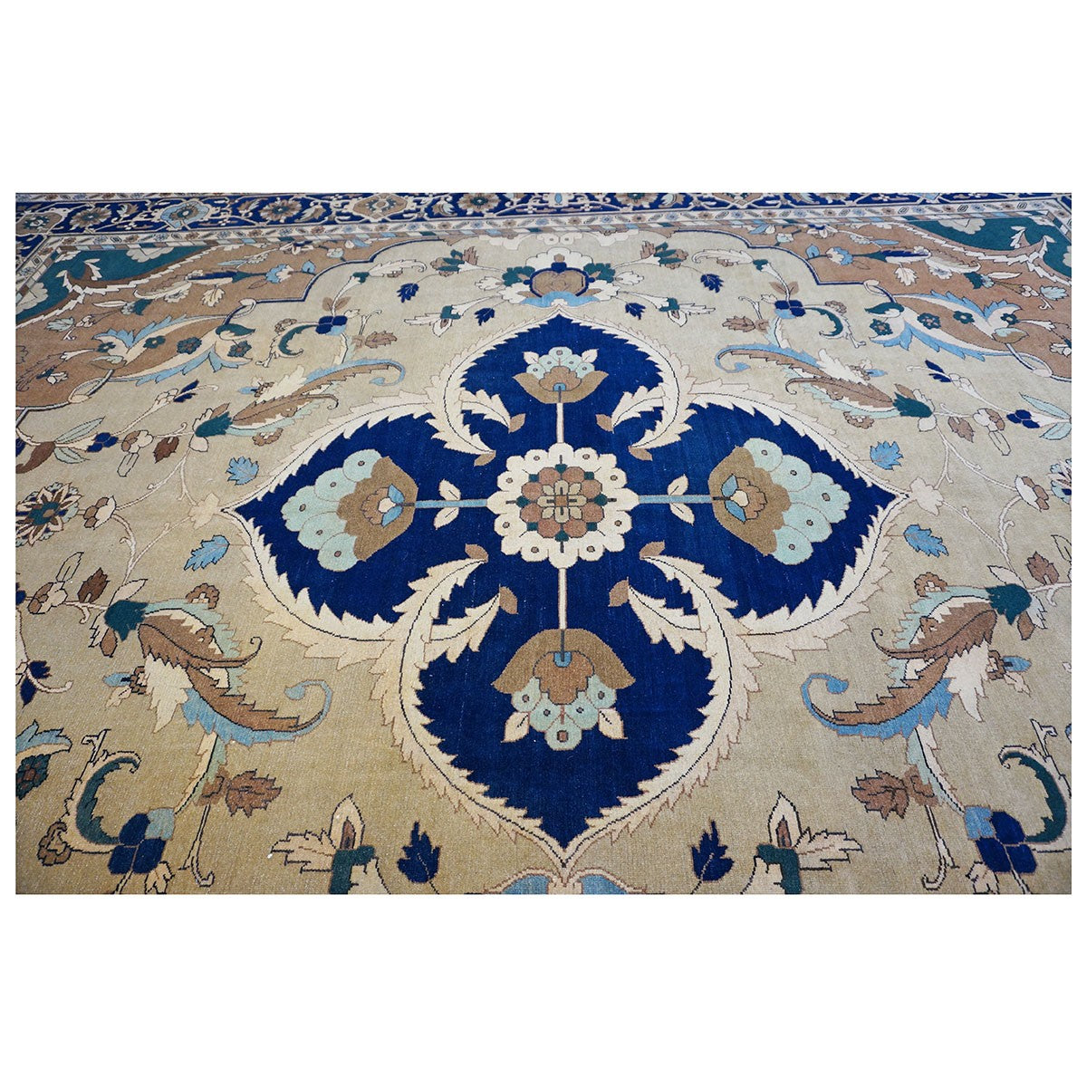 21st Century Persian Heriz 12x15 Tan & Navy Handmade Area Rug #9902016 image 7