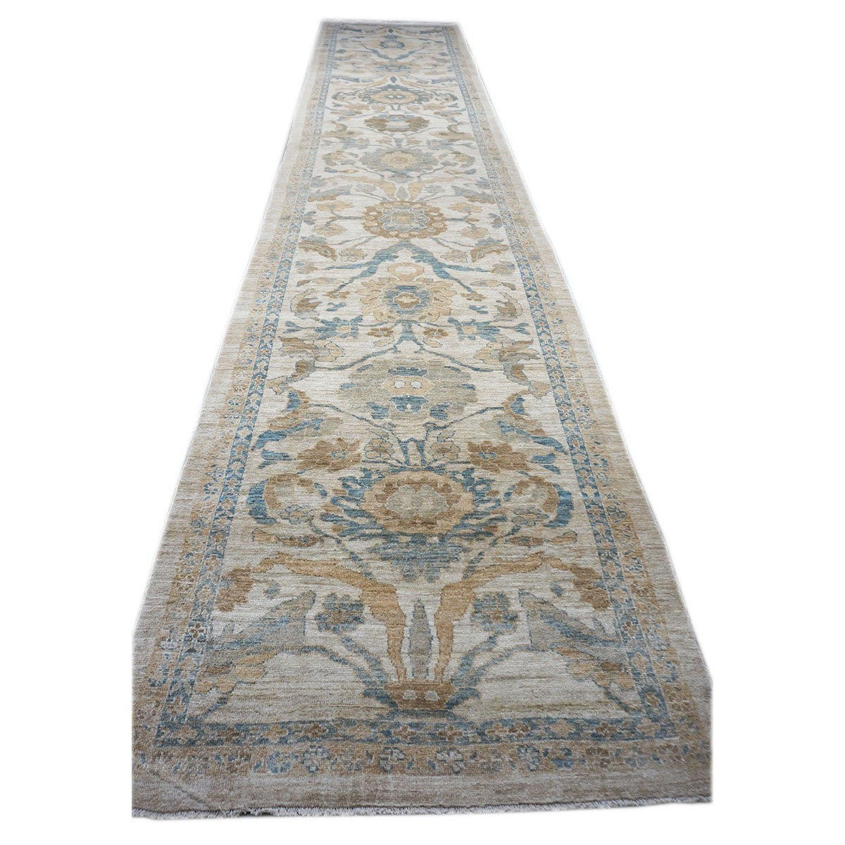 Persian Sultanabad 4x24 Ivory, Tan, & Blue Hall Runner Rug #1141314 image 1