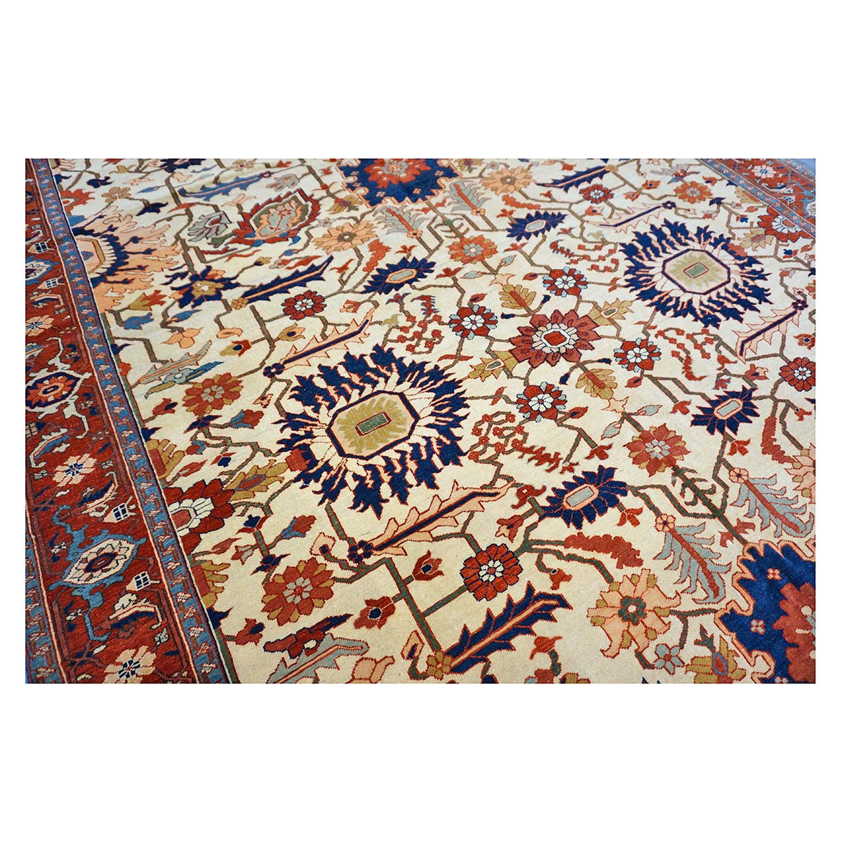 Persian Serapi 7x11 Ivory, Rust, & Blue Antique Recreation Handmade Area Rug #1141228 image 10