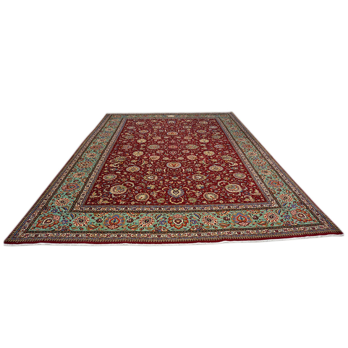 Antique 1940s Persian Tabriz Pahlavi 11x16 Red, Teal, & Ivory Handmade Area Rug #9902164 image 1