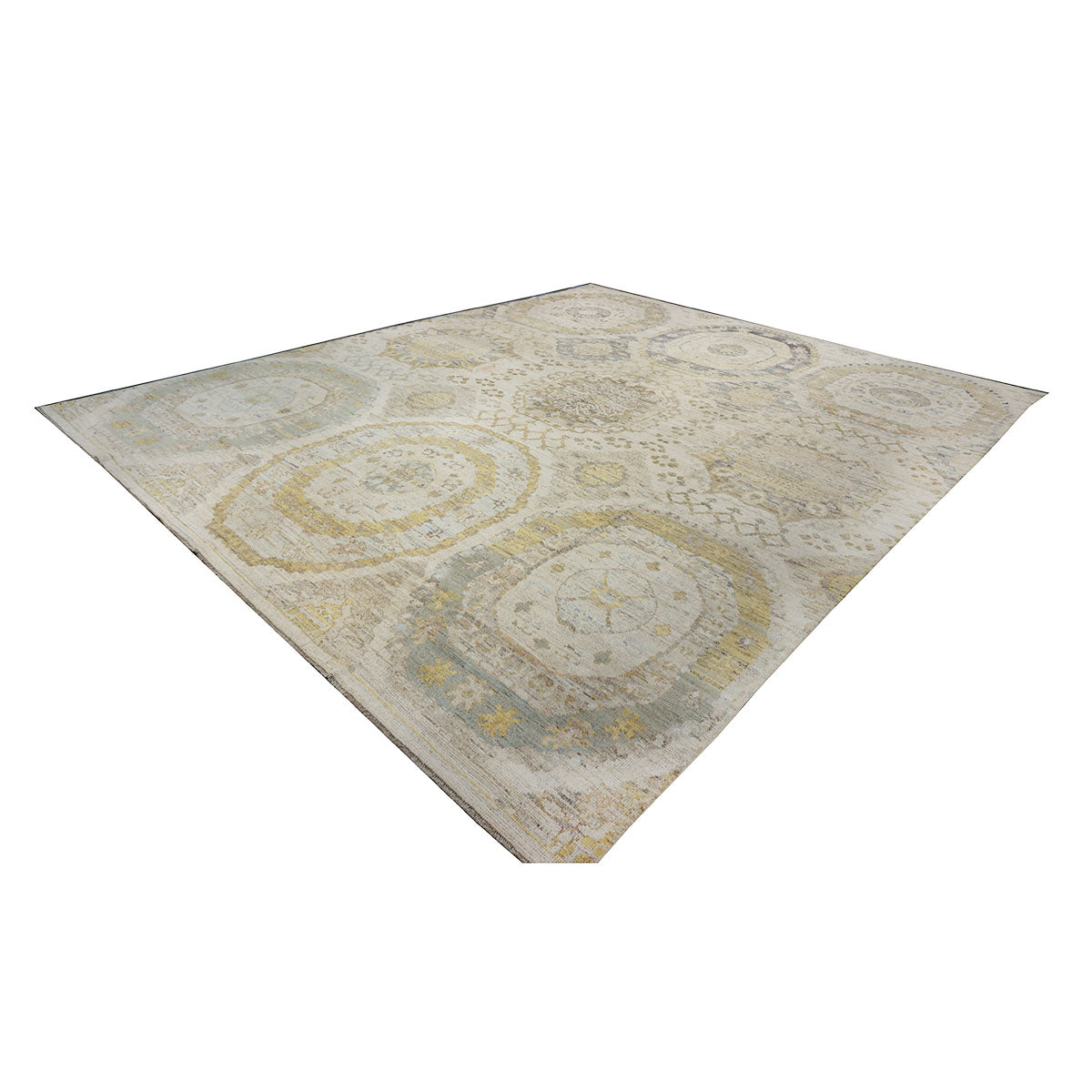 21st Century Turkish Oushak 13x15 Ivory, Olive Green, & Slate Blue Handmade Rug #1144077 image 4