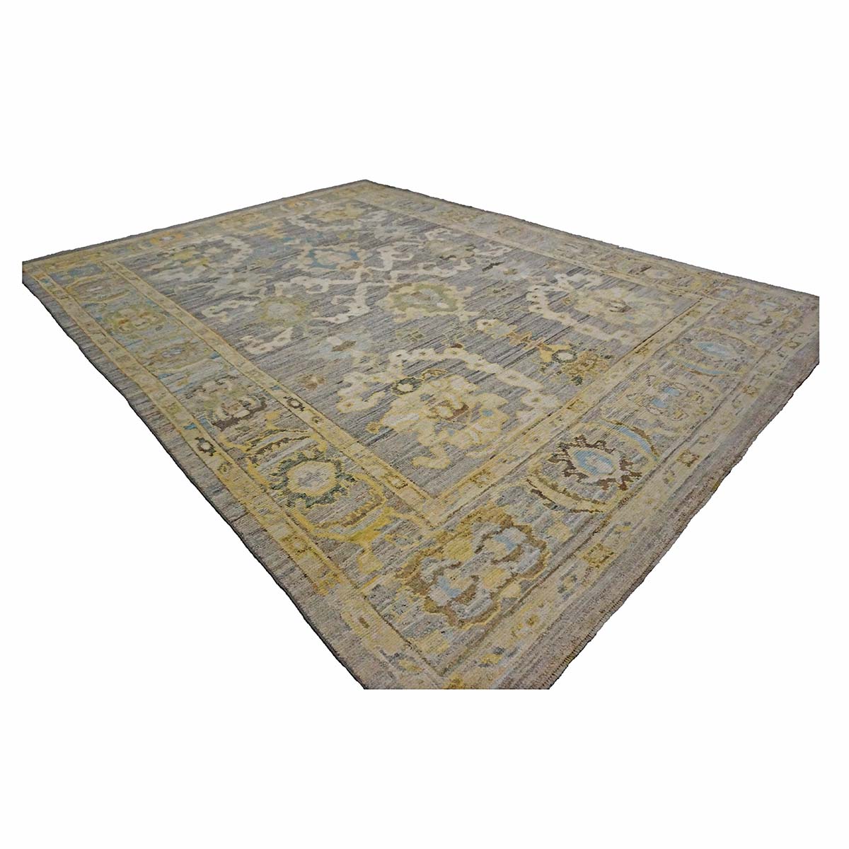 21st Century Turkish Oushak 9X13 Gold, Ivory & Slate Blue Handmade Area Rug image 2