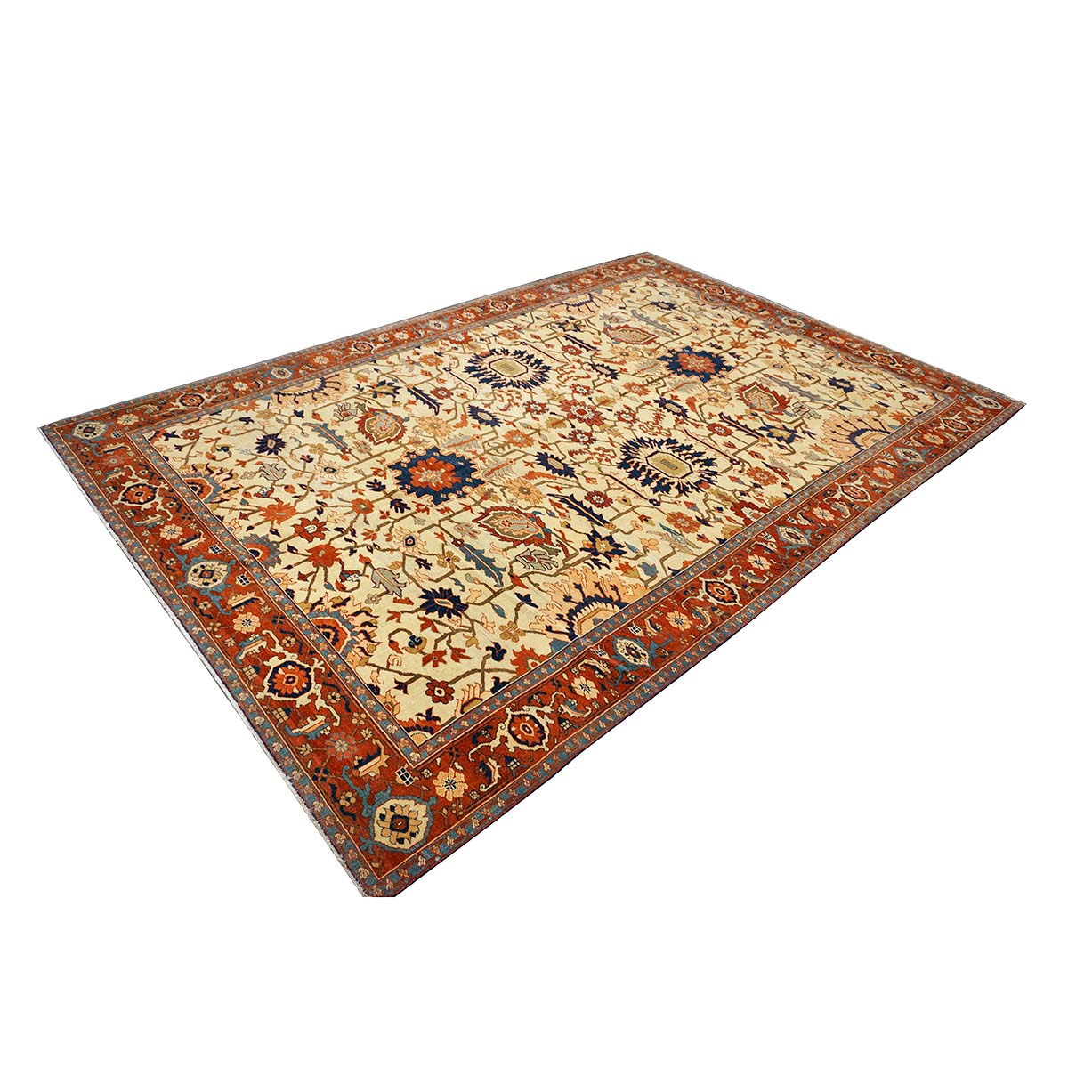 Persian Serapi 7x11 Ivory, Rust, & Blue Antique Recreation Handmade Area Rug #1141228 image 5