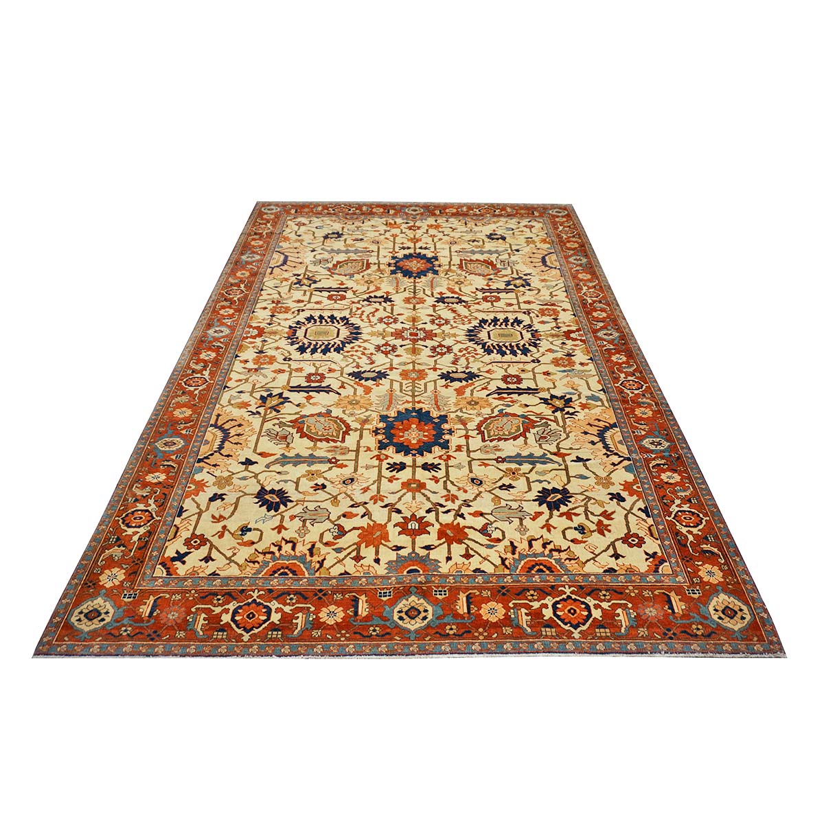 Persian Serapi 7x11 Ivory, Rust, & Blue Antique Recreation Handmade Area Rug #1141228 image 4
