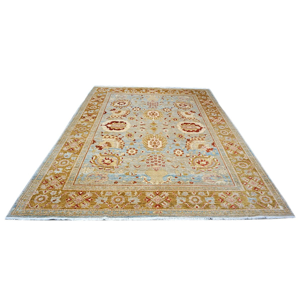 21st Century Afghan Oushak 9x12 Blue & Gold Handmade Area Rug #1144045 image 3